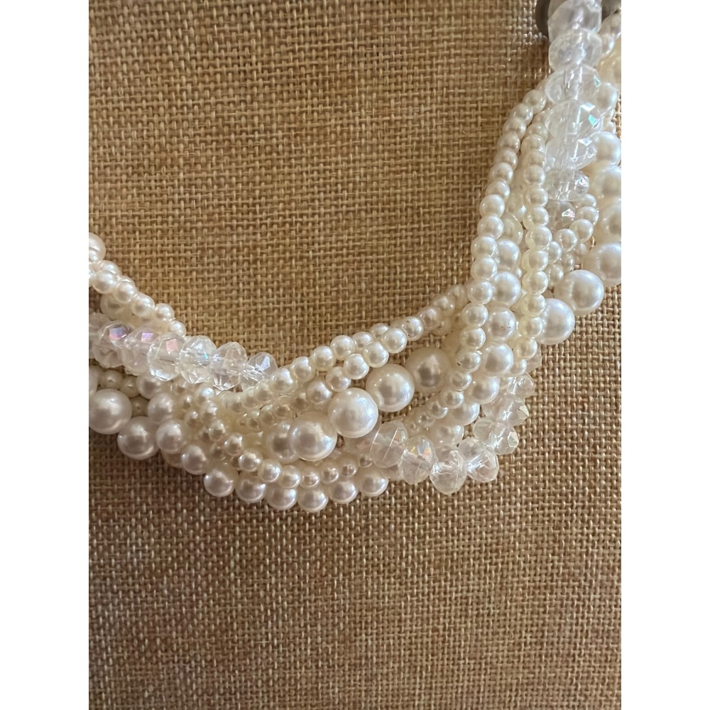 Multi Strand Faux Pearl and Iridescent Bead Chunky Bib Statement Necklace Silver - Picture 2 of 5